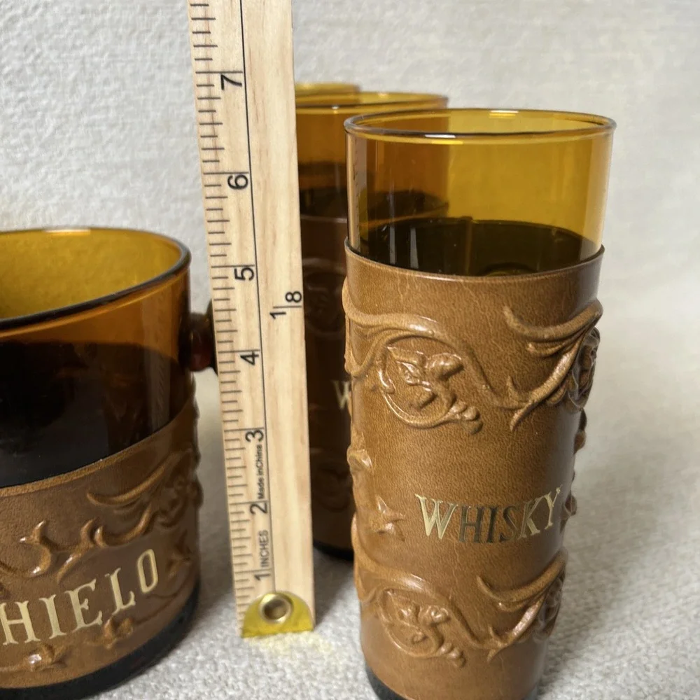 Whisky Glasses & Glass Ice Bucket Amber Embossed Leather Sleeve Set 7 Bar Liquor